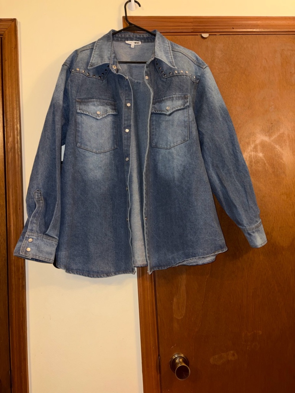 Fashion Nova Light Blue Denim Jacket with Stud Detail